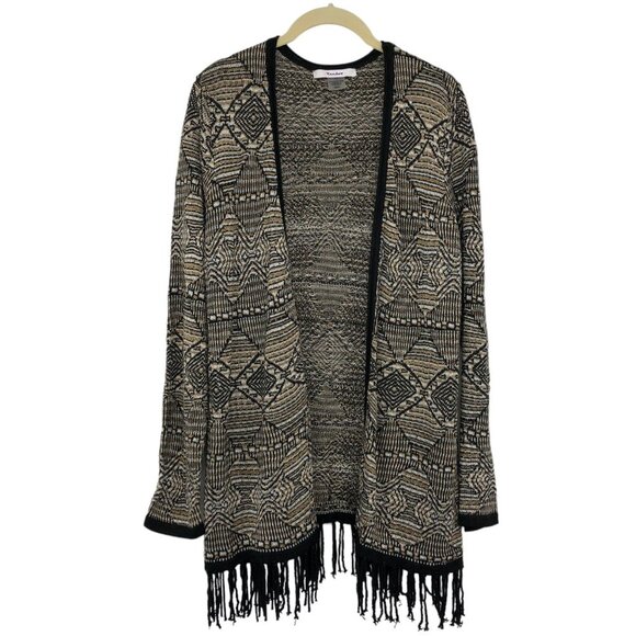 TanJay  Tan / Brown Abstract Print Open Cardigan Fringe hem size M - Picture 1 of 16